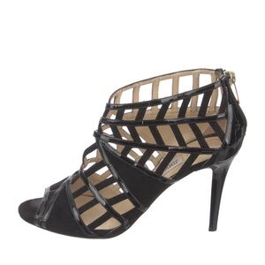 Jimmy Choo 142Vent Black Patent Leather Suede Lasercut Cage Stiletto Heel IT 36
